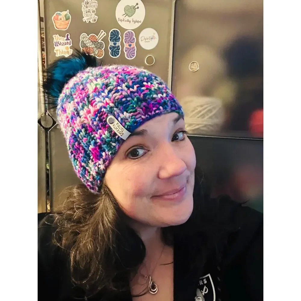 Hand Knit Merino Wool Beanie: Bulky Chic Hat with Faux Fur Pom